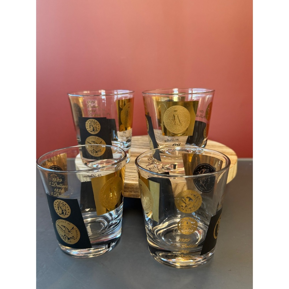 Cera Ambassador Gold Coin Ice Bucket and 4 Rocks Glasses MCM Barware Set - Picture 11 of 16